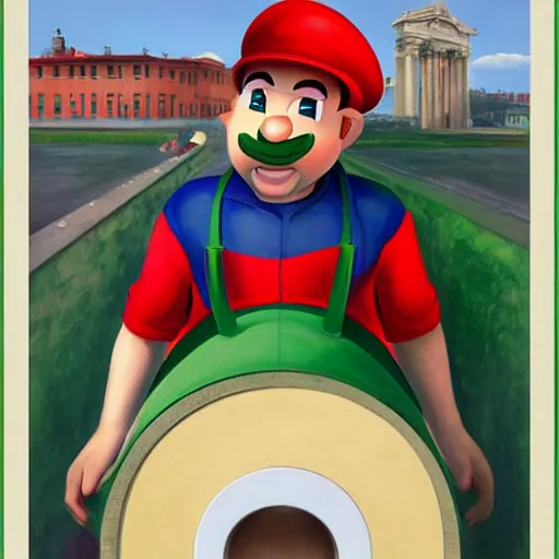 Image similar to an italian plumber with a red hat emerges from a green city pipe by Raphael, Hopper, and Rene Magritte. detailed, romantic, enchanting, trending on artstation.