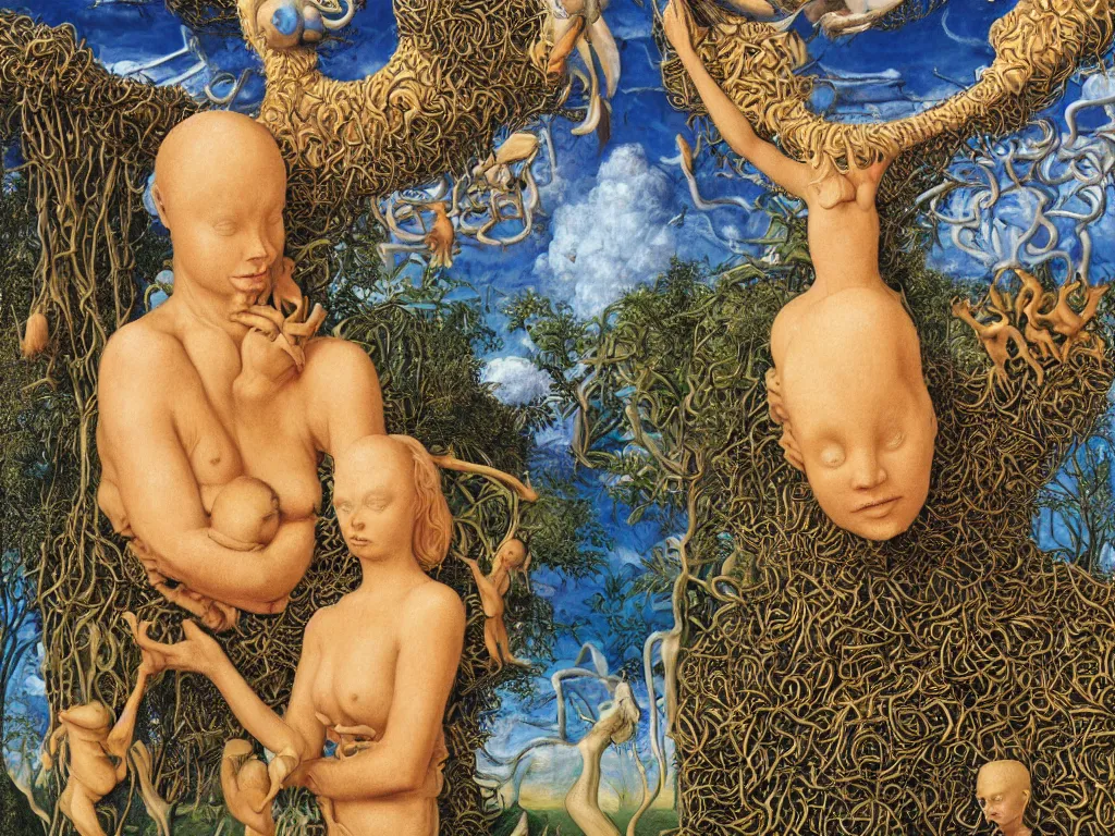 Prompt: Portrait of the African god albino holding the caged fantastic fractal bird at her chest, sculpture, Henri Moore giant, blue eyed, flowing milk, lightning network. Boulders of spiked fungi. Painting by Lucas Cranach, Rene Magritte, Jean Delville, Max Ernst, Maria Sybilla Merian, Roger Dean