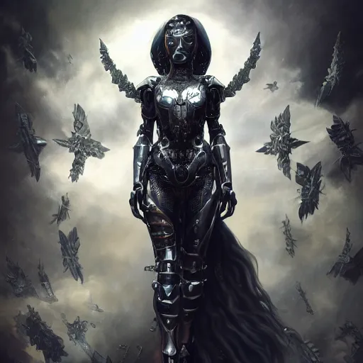 Prompt: ultra realist soft painting of a single attractive cyborg female sillicon cyborg skin armored, with thin lustrous long hair floating, photorealistic eyes render, looking at camera, curiosities carnival, symmetry accurate features, very intricate details, focus, dark fantasy background, black and white, curvy, artstyle Tom Bagshaw