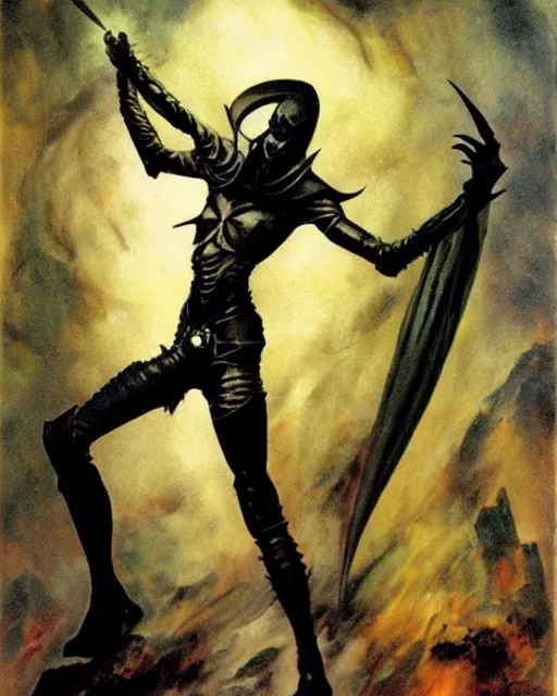 Image similar to portrait of an androgynous skinny bauhaus goth sorcerer wearing armor by simon bisley, john blance, frank frazetta, fantasy