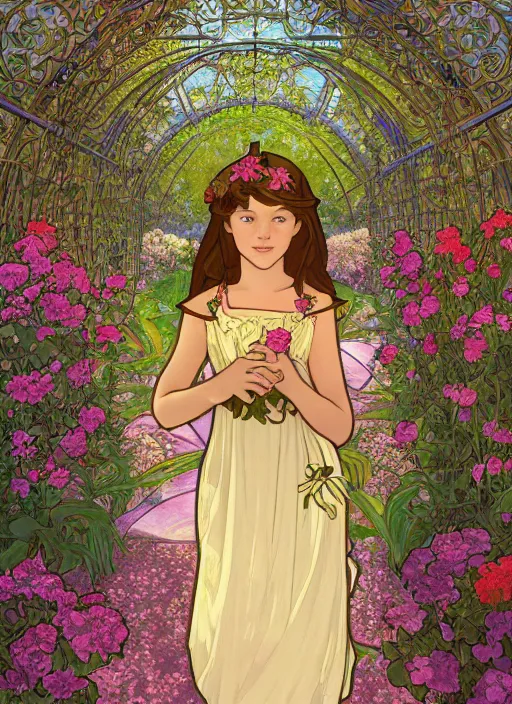 Image similar to well - lit art nouveau portrait of a 1 3 - year old girl wearing a sundress in a flower garden with lanterns at night, natural lighting, path traced, highly detailed, high quality, cartoon, digital painting, by don bluth and alphonse mucha and ross tran