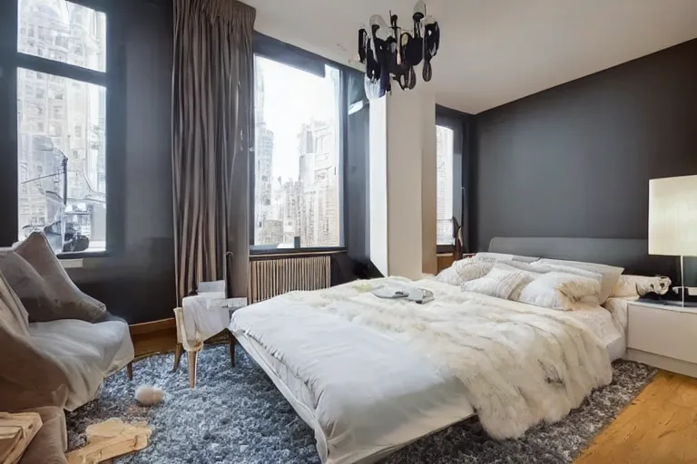 Prompt: A sunny bedroom, exquisite decoration, all New York Apartments style furniture, polar bear, high tech