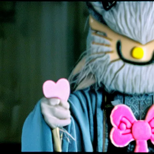 Image similar to portrait of Gandalf dressed up as hello kitty, holding up a playing card to the camera, movie still from Lord of the Rings