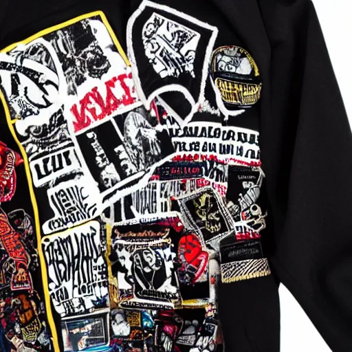 Prompt: a punk jacket covered in band patches and anarchists symbols