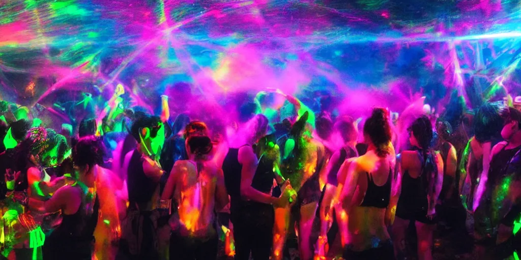 Prompt: love, groups of people with glowing blacklight bodies, from behind, rebirth, beauty, wide angle, elaborate, wet, highly detailed, smoke, steam, rainbow lasers, reflections, vivid colors, beautiful lighting