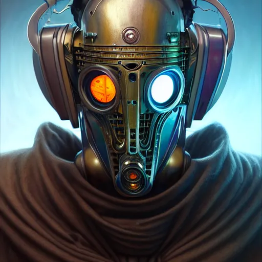 Image similar to front shot of a cyberpunk gazmask robot character, intricate, elegant, highly detailed, centered, digital painting, artstation, concept art, smooth, sharp focus, illustration, artgerm, Tomasz Alen Kopera, Peter Mohrbacher, donato giancola, Joseph Christian Leyendecker, WLOP, Boris Vallejo