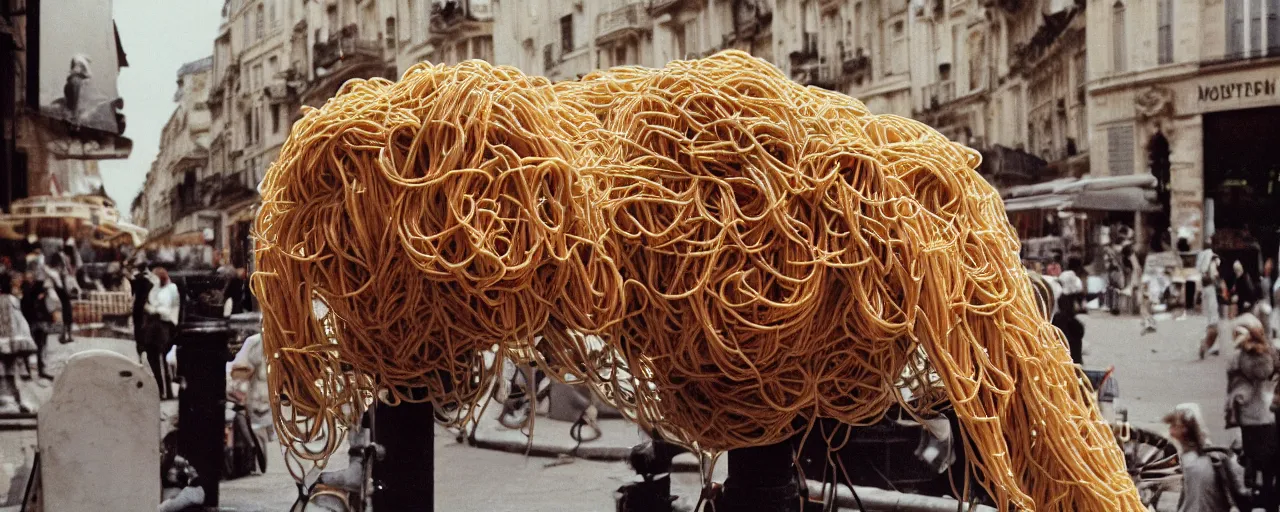 Image similar to a statue made of spaghetti in a busy parisian plaza, canon 5 0 mm, cinematic lighting, photography, retro, film, kodachrome, closeup