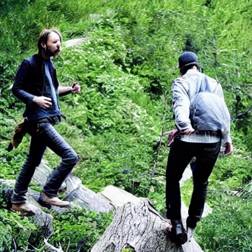 Prompt: Thom Yorke and Jonny Greenwood climbing treeds