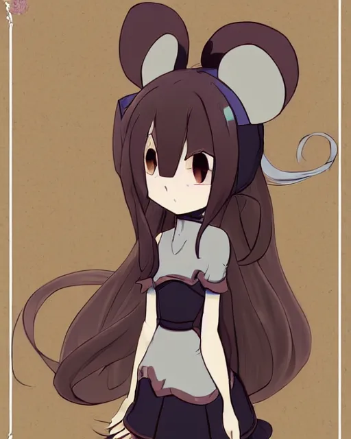 Prompt: A cute wakfu-style frontal painting of a very very beautiful anime skinny mousegirl with long wavy brown colored hair and small mouse ears on top of her head wearing a cute black dress and black shoes looking at the viewer, elegant, delicate, feminine, sharp focus, higly detailed, smooth , pixiv art, ArtStation, artgem, art by alphonse mucha Gil Elvgren and Greg rutkowski, high quality, digital illustration, concept art, very long shot