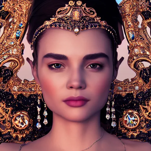 Image similar to portrait of pretty princess with perfect skin, glowing, ornate and intricate diamond jewelry, jaw dropping beauty, ornate and intricate backdrop, white accent lighting, hyper detailed, 4 k octane render