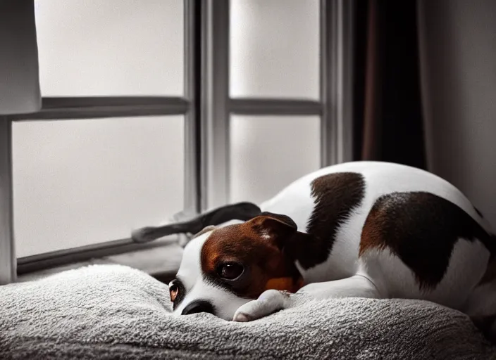 Image similar to photography of a Jack Russel . watching outside the window. on a bed. in a vintage room.,volumetric light, photorealistic,, award winning photo, 100mm, sharp, high res