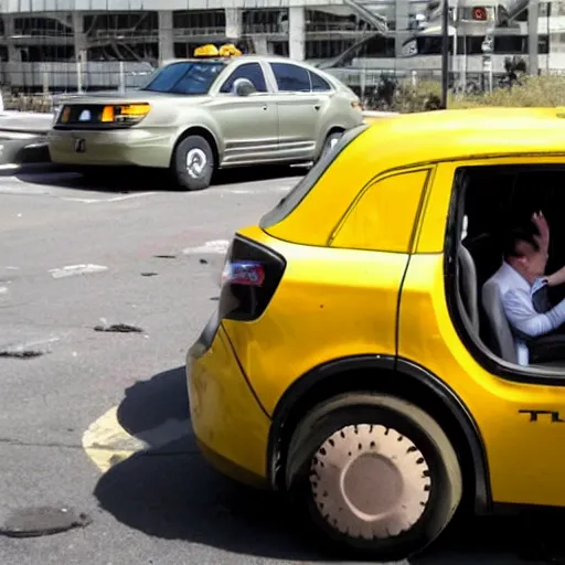 Image similar to golem driving a new york yellow taxi, picking up elon musk at the airport