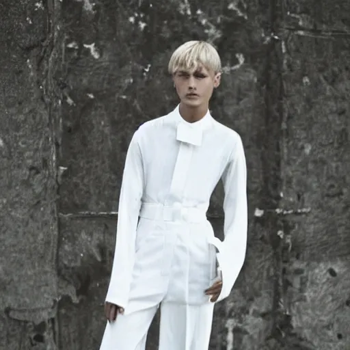 Image similar to kitsch fashion, androgynous people in white clothes, new age, vogue