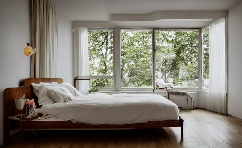 Image similar to art deco elegant bedroom interior, white, beige, slate, bed, walnut wood, bright, retro chic, minimalistic, swedish design, cupboards, giant windows with a view on green lush trees, sunset