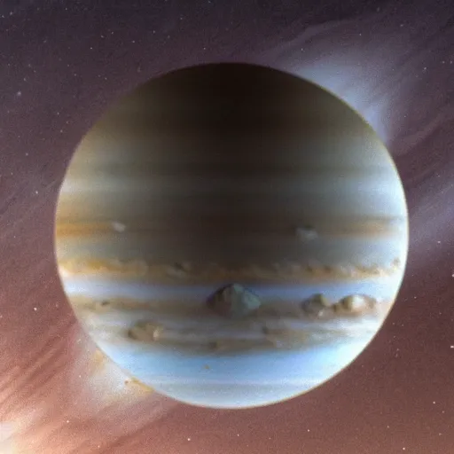 Prompt: a photograph taken by a camera on europa, photograph is of jupiter in the sky, the horizon is visible,