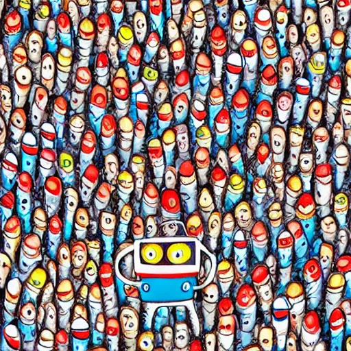 Image similar to tiny robot hiding in where's wally picture. illustrated by martin handford, high detailed, high complexity. photorealistic