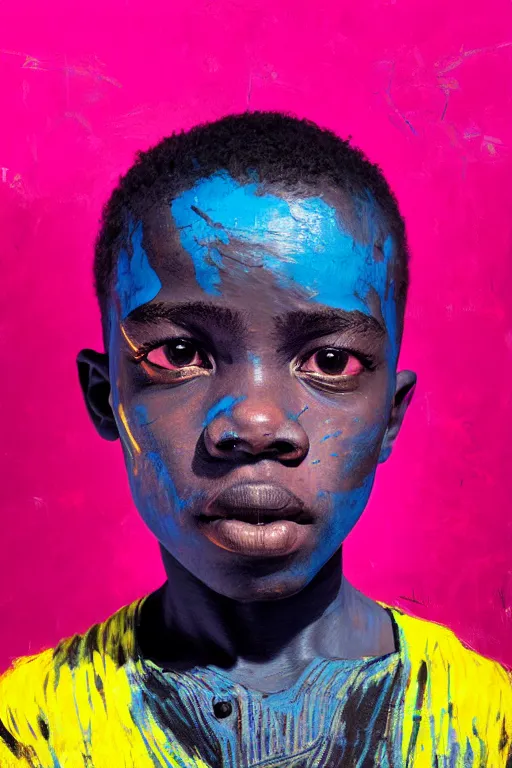 Image similar to portrait of a african young boy nor living in a death postapoliptic world, painted in acrylic, pigment, in the colors hot pink and cyan, beautiful realistic face, rule of thirds, soldier outfit, spotlight, by greg rutkowski, by jeremy mann, by francoise nielly, by van gogh, digital painting