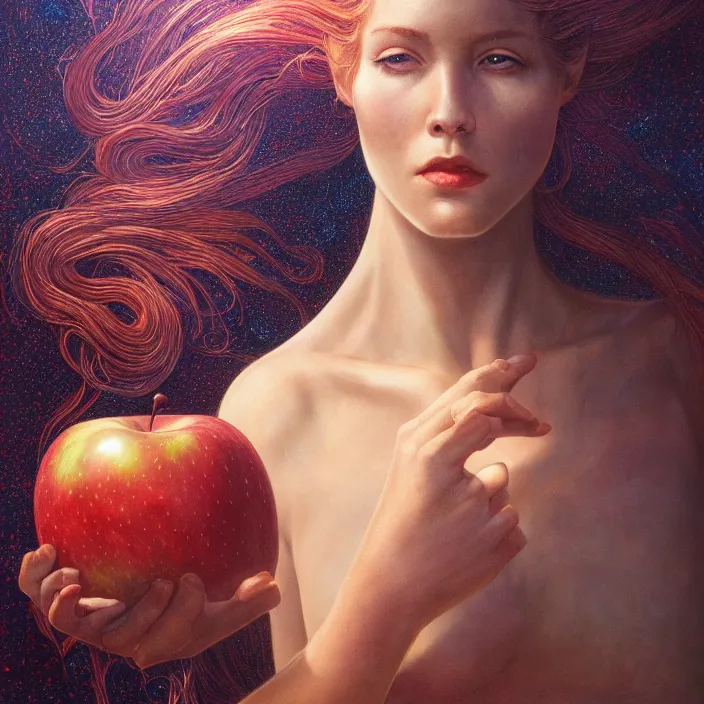 Prompt: portrait of apple, by dan mumford, takoto yamamoto, moebius, barclay shaw, karol bak, jean baptiste monge, high quality, high resolution, smooth 8 k octane rendered with volumetric cinematic dramatic light rutkowsky