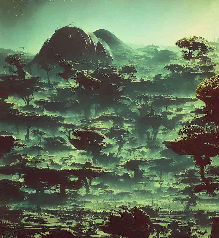 Image similar to 5 0 s pulp scifi illustration, beautiful alien landscape, plain stretching into distance, pond, baobab trees, distant mountains, space nebula, painted by bergey, craig mullins, john berkey, ruan jia, rodney matthews, jeremy mann, beksinski, jack kirby, tom lovell, alex malveda