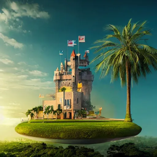 Prompt: a castle surrounded by giant palm trees on a giant floating island in the sky, giant light bulb glowing in the sky, cinematic, digital art by erik johansson, 8 k resolution, hyper detailed, sharp focus