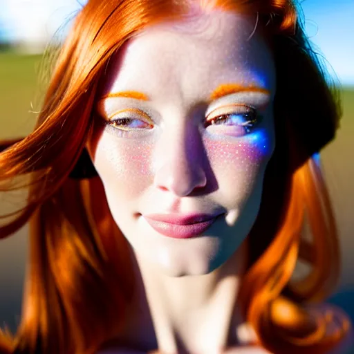 Prompt: close up portrait photo of the left side of the face of a redhead woman with galaxy of stars in her eyes, she looks directly at the camera. Slightly open mouth, face covers half of the frame, with a park visible in the background. 135mm nikon. Intricate. Very detailed 8k. Sharp. Cinematic post-processing. Award winning photography