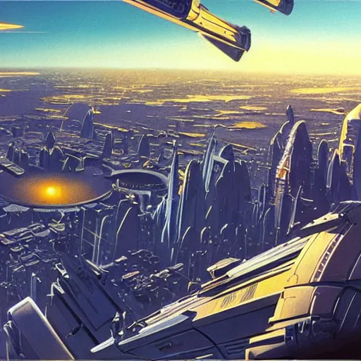 Image similar to aerial view of a science-fiction cityscape, cinematic angle, cinematic lighting, blue sky, sun in the sky, by Syd Mead, John Harris, Federico Pelat