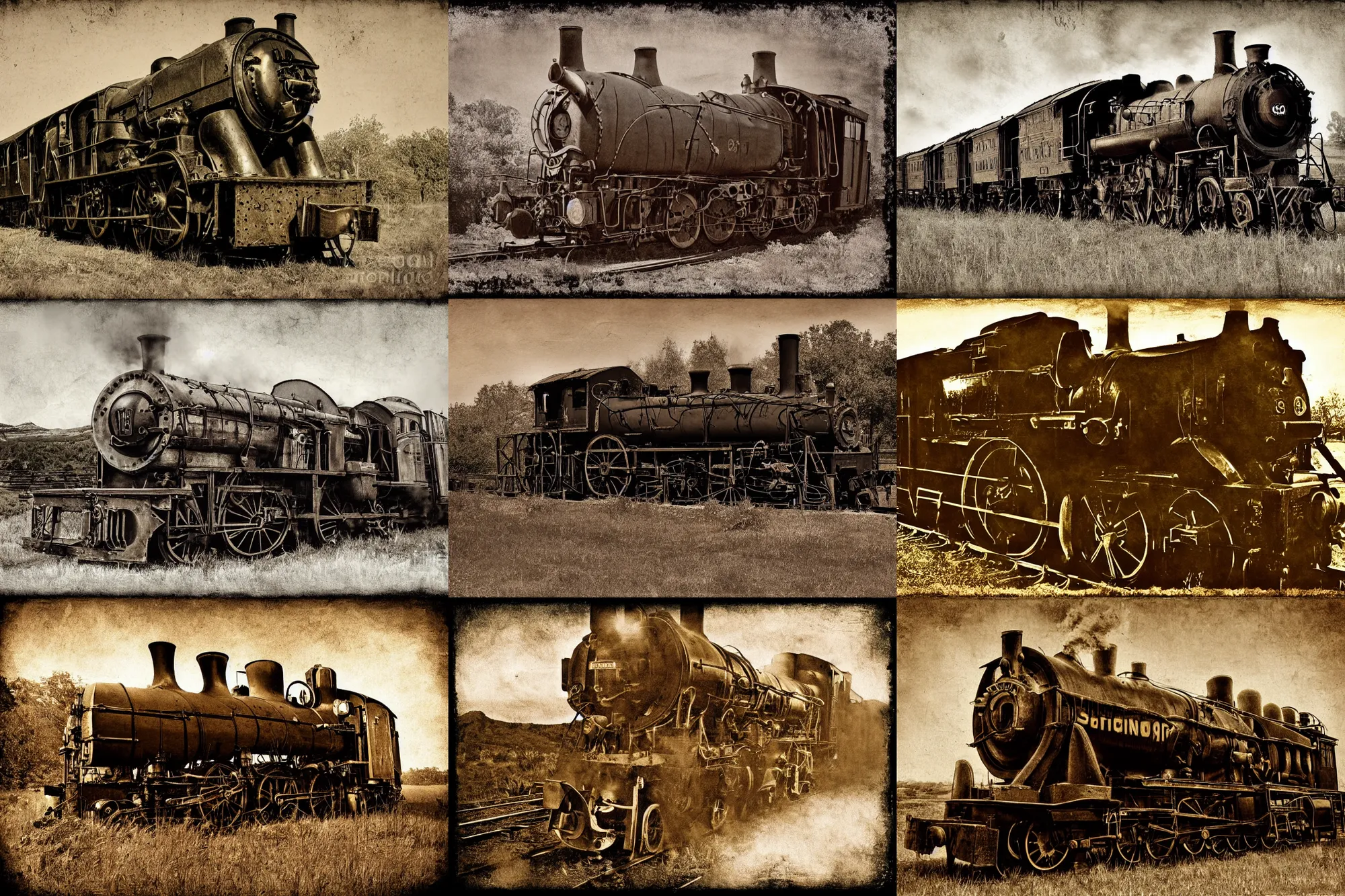 Prompt: steam engine train, Wild West setting, old photography, sepia , collodion wet paint photo, grainy, smudged edges