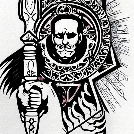 Image similar to tattoo design, stencil, a tarot card, an old man resting on a sword, tarot