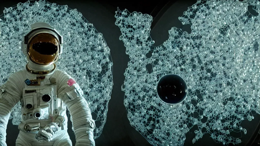 Image similar to a single astronaut eva suit made of diamond 3d fractal lace iridescent bubble 3d skin and covered with insectoid compound eye camera lenses floats through the living room, film still from the movie directed by Denis Villeneuve with art direction by Salvador Dalí, wide lens,