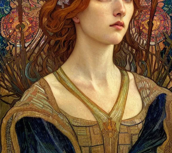 Image similar to detailed realistic beautiful young medieval queen face portrait by jean delville, alphonse mucha, vincent van gogh, and marco mazzoni, art nouveau, symbolist, visionary, gothic, pre - raphaelite