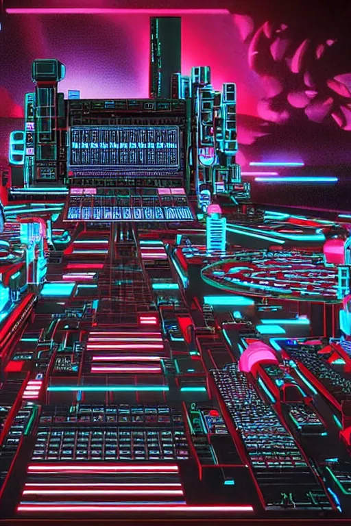 Image similar to drum machines and synththezisers, modular, in the style of akira, tron, sculpted by gaudi