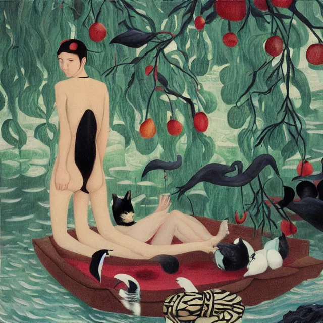 Image similar to emo catgirl artist in her flooded lounge room, painting of flood waters inside an artist's loungeroom, a river flooding indoors, pomegranates, pigs, ikebana, zen, water, octopus, river, rapids, waterfall, black swans, canoe, berries, acrylic on canvas, surrealist, by magritte and monet