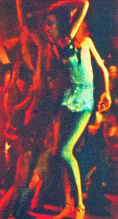 Image similar to antichrist dancing at Studio 54, disco, saturated color, high contrast, depth of field, 1976, bad vhs