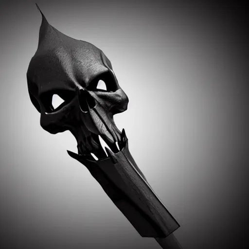 Image similar to a black sword skull crest, ornament, weapon, a 3 d render by dom qwek, studio lighting, front side view sheet, trending on polycount, hard surface modeling, rendered in maya, 3 ds max, blender, artstation hd, vray