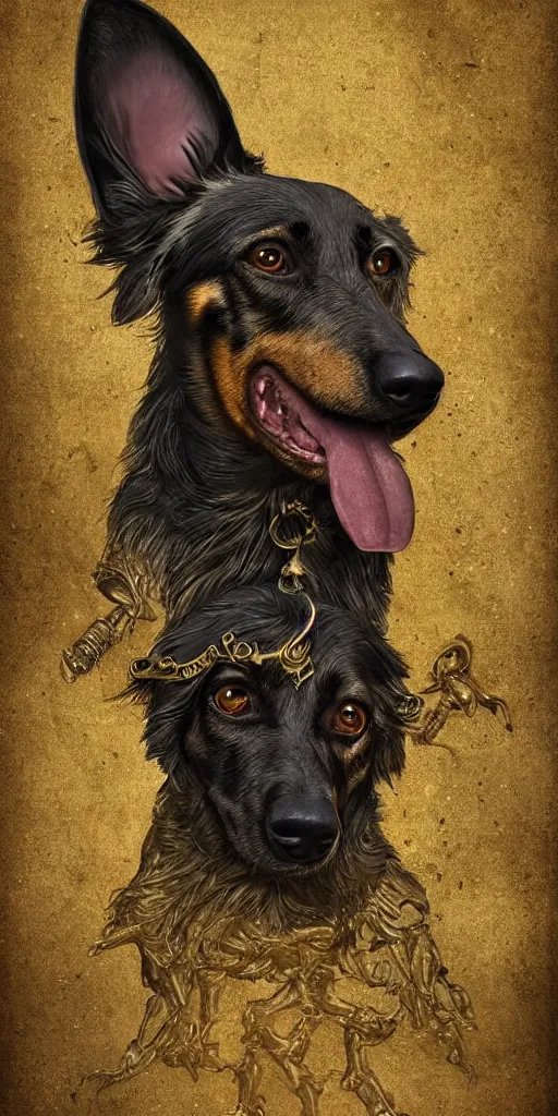 Prompt: Portrait of a aging Dachshund x German Shepherd dog, in style of Dark Souls 3, insanely detailed and intricate, golden ratio, elegant, ornate, luxury, elite, ominous, haunting, matte painting, cinematic, cgsociety, James jean, Brian froud, ross tran, Laputa, vivid and vibrant