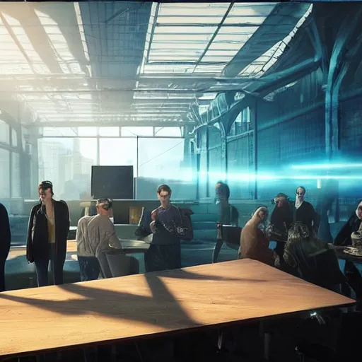 Image similar to cinematic concept, located in empty industrial warehouse with sunlight streaming through the windows, a large table in the middle of the frame that takes up a lot of space, a group of people standing around the table, on top of the table is a large hologram of a city futuristic city, some people are wearing virtual reality headsets in the foreground