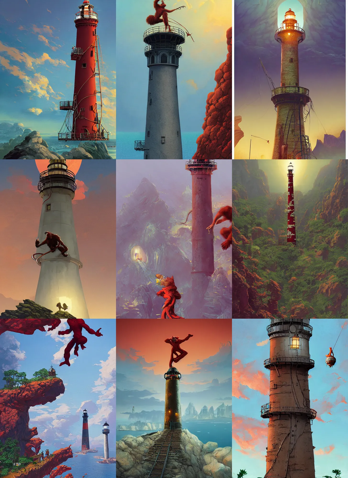 Prompt: red orangutan as fantasy thief climb on the lighthouse top, travel poster artwork by michael whelan and tomer hanuka, rendering of high contrast, full of details, by makoto shinkai and thomas kinkade, matte painting, trending on artstation and unreal engine