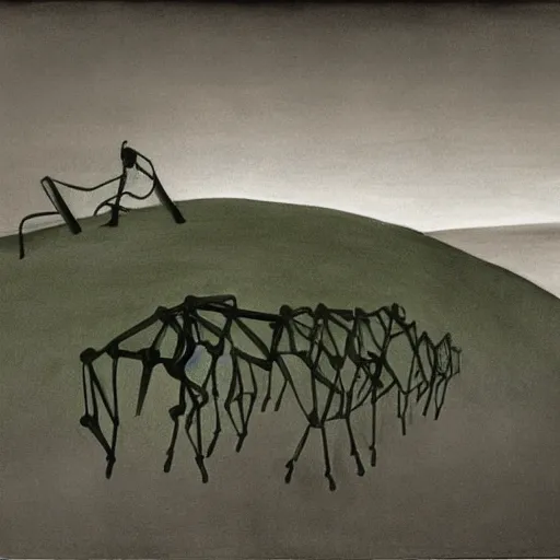 Prompt: depressing cool green by brett weston, by yves tanguy. the drawing features a human figure driving a chariot. the figure is skeletal & frail, with a large head & eyes. the chariot is pulled by two animals, which are also skeletal & frail.
