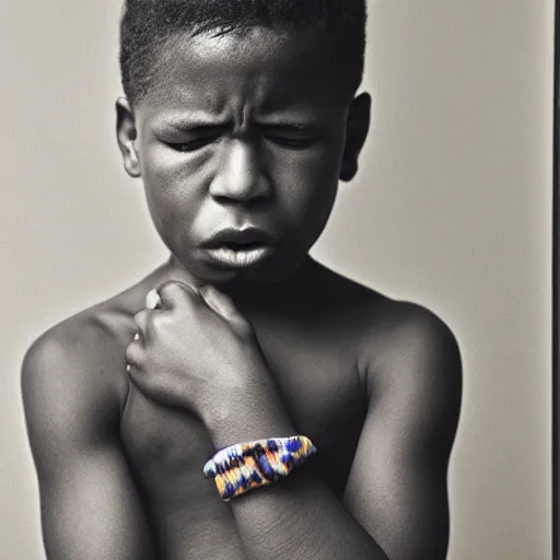 Prompt: photo of a black boy crying, studio portrait