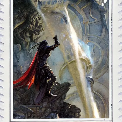 Prompt: Intaglio Heroic Paladin Dsurion ascends the stairway to valhalla Hand Crafted By Rodin. Painting by greg rutkowski Donato Giancola Jeff Simpson norman rockwell stamp watercolor