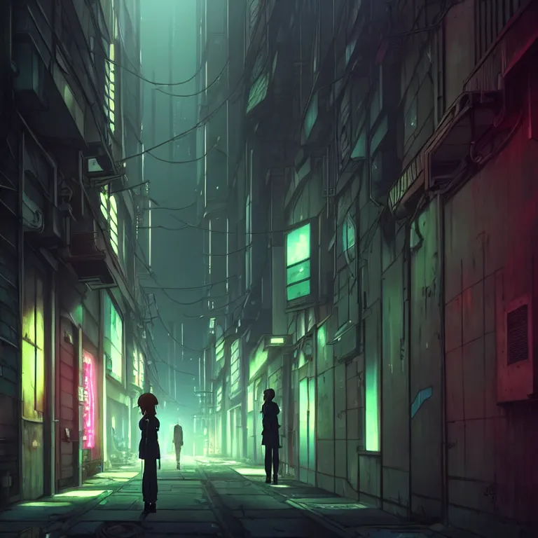 Image similar to city alleyway in the atmospheric cyberpunk anime film, gouache matte background painting, neon noir, at night with lights, by makoto shinkai, in the anime series ergo proxy, beautiful specular edge highlights and rim lighting