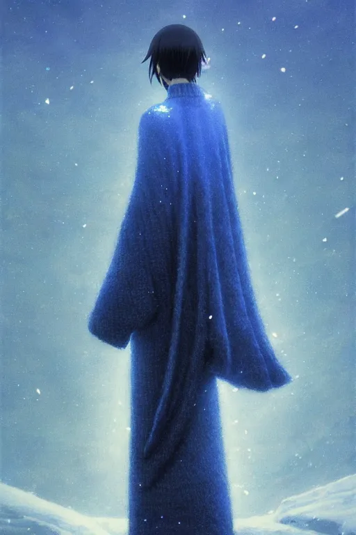 Image similar to portrait of the sapphire herald in an elegant winter sweater, by makoto shinkai, by akihiko yoshida, by zdzislaw beksinski, by dariusz zawadzki, artbook, tone mapped, deep blues, shiny, soft lighting