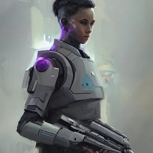 Image similar to concept art of a portrait by greg rutkowski, a soldier of the galactic dominion wearing gray and purple tactical gear, star wars expanded universe, smooth, sharp focus, artstation hq.