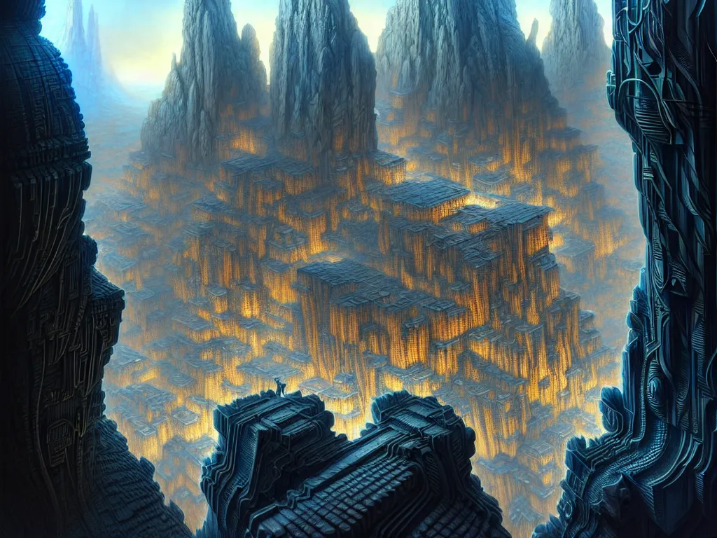 Image similar to ultra detailed, futuristic cityscape carved into mountain wall, fractal mandelbulb, cyberpunk, fantasy, intricate details, elegant, super highly detailed, professional digital painting, artstation, concept art, smooth, sharp focus, extreme illustration, Unreal Engine 5, Photorealism, 8k, cinematic, art by artgerm and greg rutkowski and alphonse mucha and loish and WLOP