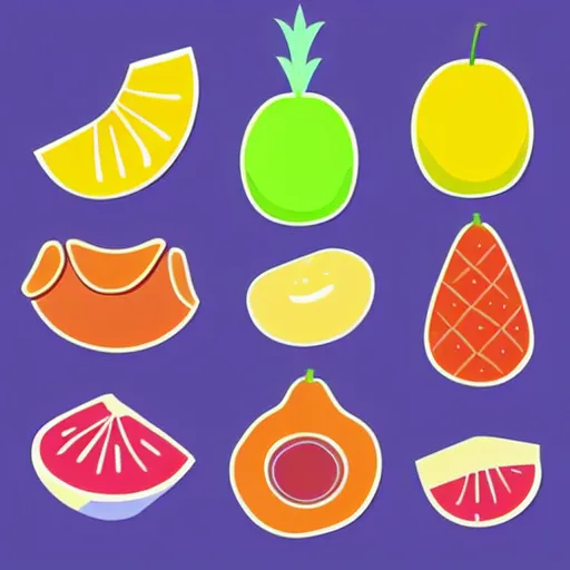 Prompt: a set of kawaii fruits isolated on white background, stylized, cartoon, cute, vector graphics, trending on pinterest, featured on artsation, high quality, smooth graphics, fine edges,