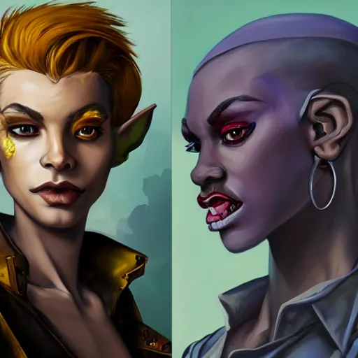 Image similar to dnd character portrait of a beautiful and androgynous half - elf with messy short red hair and catlike features and dark skin tone and yellow eyes with slit pupils, golden hour, wearing a colorful men's suit, realistic painting by tasha beckwith and ross tran and kehinde wiley and gerald brom and alphonse mucha, trending on artstation