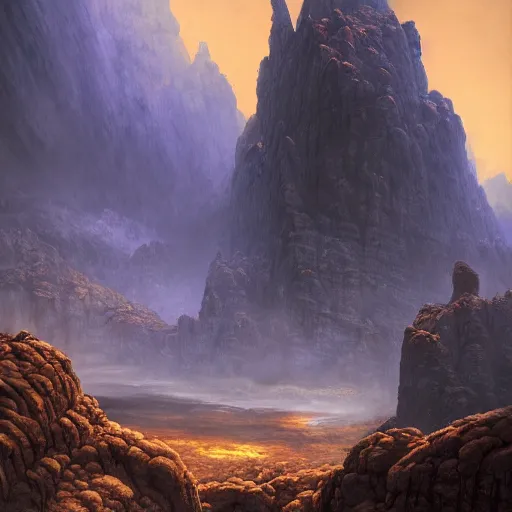 Image similar to A beautiful hyper realistic detailed matte painting of the entrance to a dungeon of the gods at the base of an ancient mountain, dramatic lighting, dynamic lighting, cinematic lighting, lit by morning light, by Raphael Lacoste and John Howe and Andreas Rocha, unreal engine, featured on artstation, ultrawide angle, f8, polarizer filter, lava, magma.