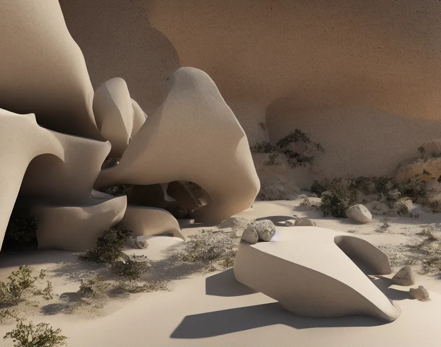 Prompt: desert, white, transitions between flying rocks, minimalist architecture, stone grotto in the center, portal. zaha hadid, oscar niemeyer, architectural rendering. trending on artstation. vogue magazine. halo. octane rendering, cinematic, hyperrealism, bokeh. iridescent accents. teal gold and blue color scheme