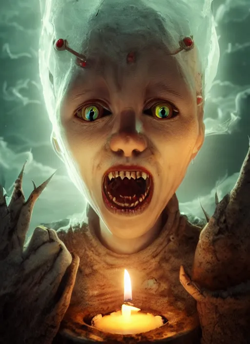 Image similar to toothchild channel zero teeth, candle cove, ultra detailed fantasy, elden ring, realistic, dnd, rpg, lotr game design fanart by concept art, behance hd, artstation, deviantart, global illumination radiating a glowing aura global illumination ray tracing hdr render in unreal engine 5