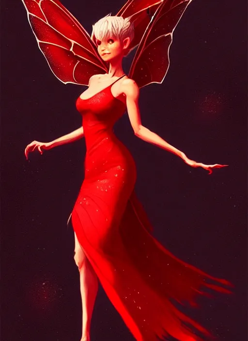 Image similar to Full-body illustration of tiny pixie, D&D fantasy, wearing a red dress, intricate, highly detailed, digital painting, artstation, concept art, sharp focus, illustration, art by greg rutkowski and Ross Tran